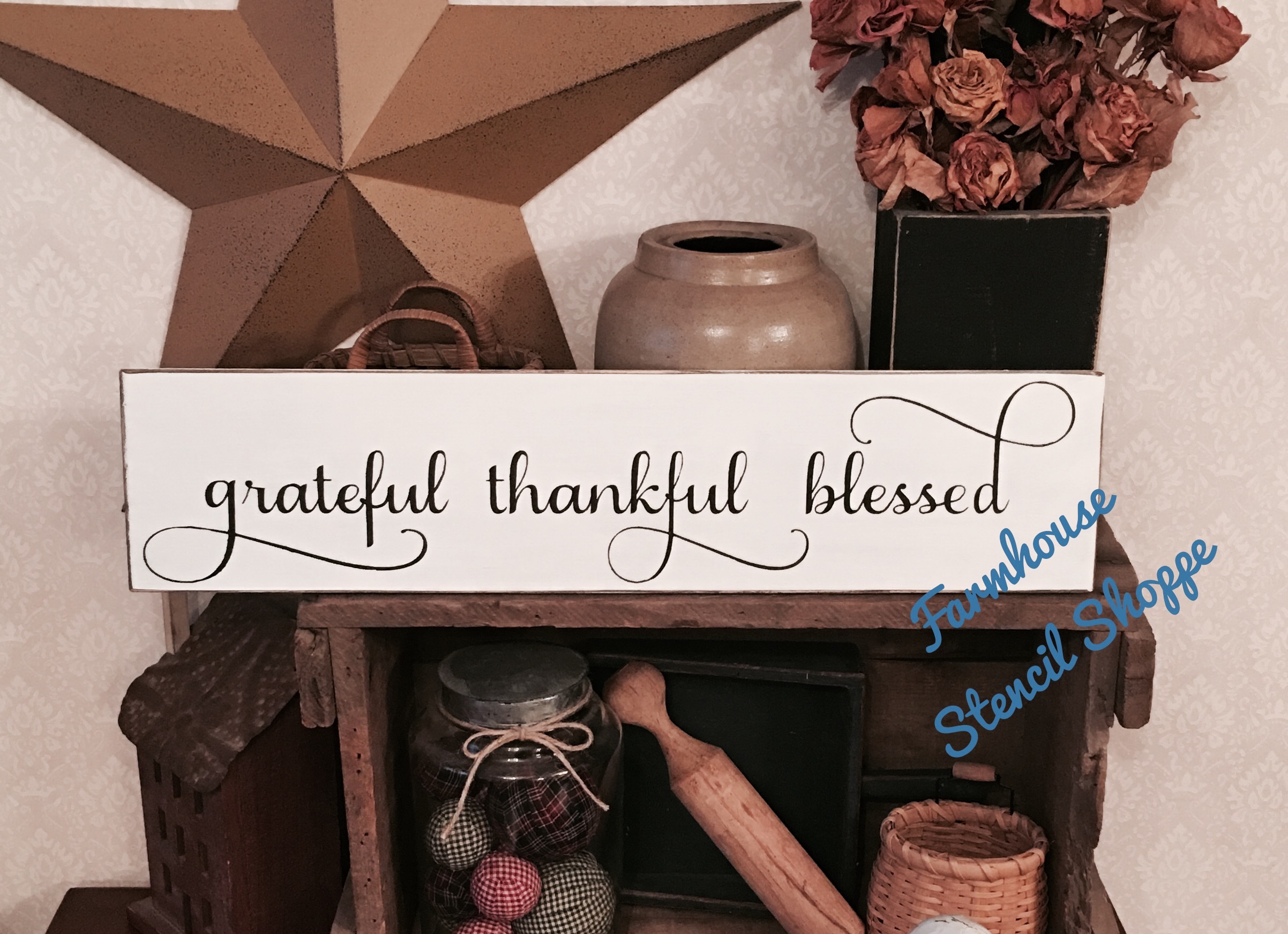 Grateful Thankful Blessed, Fancy Stencil 24" x 5.5"